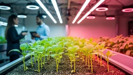 Two people with tablet inspecting young plants in a high-tech indoor farm