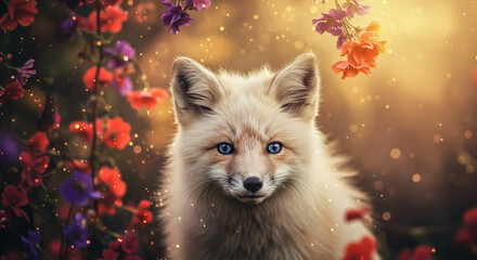 Obraz premium Fluffy fox with blue eyes among vibrant flowers.