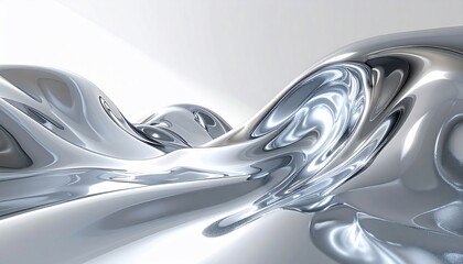 Smooth, fluid, and reflective metallic abstract rendering against a gradient white backdrop