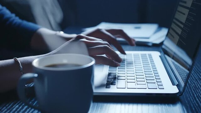 Close-up of hands typing on a laptop with a steaming mug of coffee nearby