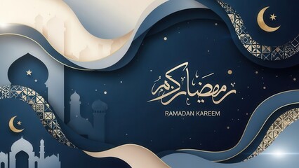 Ramadan Kareem: Embrace the spirit of Ramadan with an elegant, artful design, incorporating classic mosque imagery and crescent moons, representing peace, spirituality, and reflection.