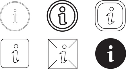 Set of six information icons or symbols with lowercase letter i in various outline styles
