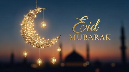 Eid Mubarak Celebration: A beautifully illuminated crescent moon with cascading lights hangs gracefully against a serene twilight sky. It symbolizes the spirit of the occasion.
