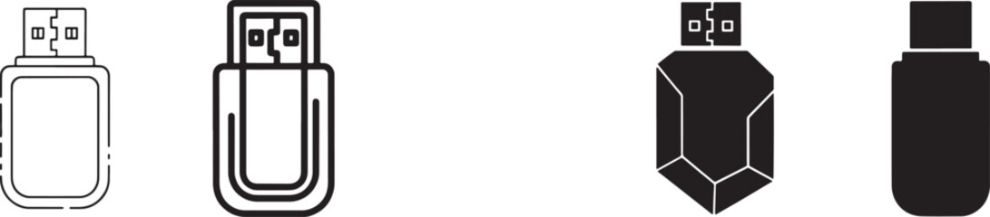 Set of four usb flash drive icons, line art and solid fill styles