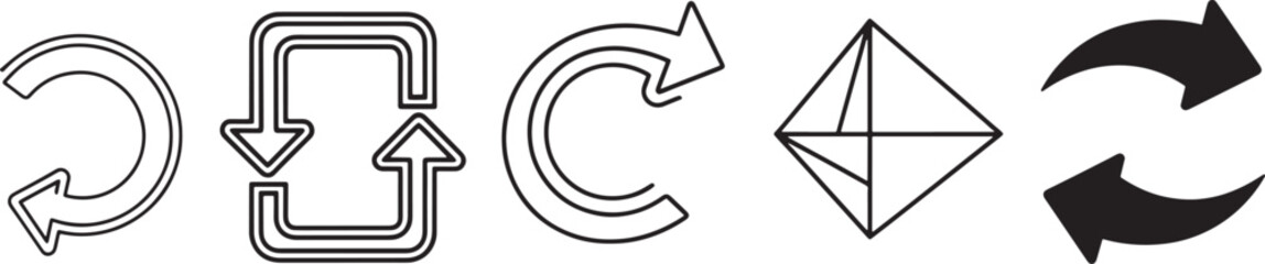 Set of five different refresh, reload, recycle, and update icons and symbols in outline and solid styles