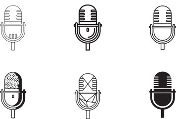 Set of six vintage microphone icons in outline and solid styles for audio recording and broadcasting