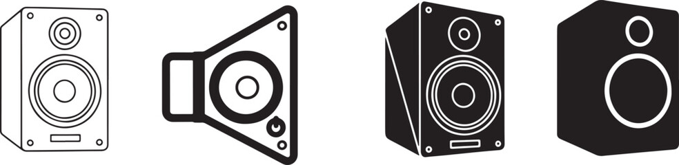 Collection of four speaker icons and symbols in black and white line art and silhouette styles