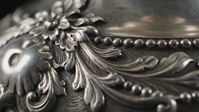 Close-up of Ornate Silverware Surface with Intricate Floral and Leaf Detailing