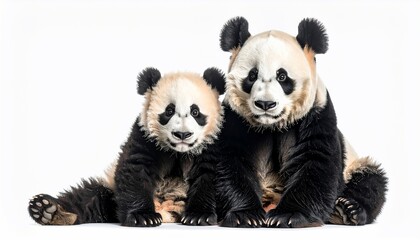Two giant pandas, an adult and a cub, pose against a bright white background
