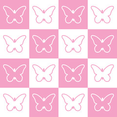 Obraz premium seamless pattern, cute butterfly, abstract background. pink illustration, trendy plaid, line graphic in modern style. for print, advertising, wrapping paper, web, social media. vector art, naive 