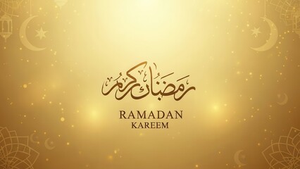 Golden Ramadan Greetings: A serene golden backdrop, adorned with elegant Arabic calligraphy and crescent moon motifs, encapsulates the spirit of Ramadan Kareem.
