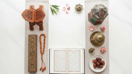 Islamic Holy book with Ornament: A high-angle perspective, capturing the essence of spiritual artifacts, featuring a holy book at the center, adorned with cultural symbols and traditional items.