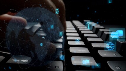 A close-up view of hands typing on a keyboard surrounded by graphic icons representing technology and communication, emphasizing digital interaction in a modern workspace. Xenic