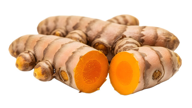 Fresh Turmeric Roots with Cross-Section Showing Vibrant Orange Color, Healthy Curcumin Ingredient on White