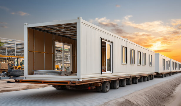 Prefabricated modular building on construction trailer at sunset