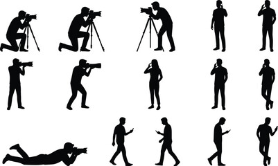 Black silhouette illustration set of photographers filming shooting and people using smartphones capturing media content isolated on white background professional photography concept