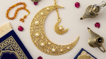 Golden Crescent of Serenity: Intricate golden crescent ornaments radiate elegance amidst a serene arrangement of cultural and religious artifacts, evoking a sense of calm.