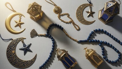 Symbols of Celebration: A captivating array of intricate ornaments and elegant prayer beads, evoking a sense of serenity and reverence, gracefully arranged, illuminated by soft, ethereal light.