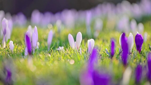 Spring renewal with white crocuses blooming in sunny forest clearing, cinematic 4K slow motion