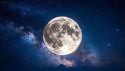 A luminous full celestial body dominates a starlit night sky, filled with nebulae