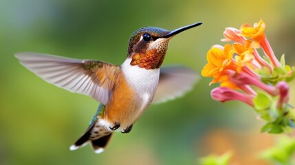 Obraz premium Colorful hummingbird sipping nectar from vibrant flowers in a sunny garden