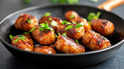 Sizzling fried sausages garnished with fresh herbs for a delicious meal