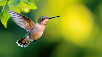 Obraz premium Colorful hummingbird hovering near lush green leaves in springtime