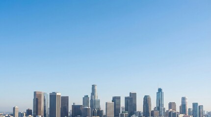 A panoramic view of a modern downtown skyline with tall skyscrapers inspired by Los Angeles and Chicago under a clear blue sky