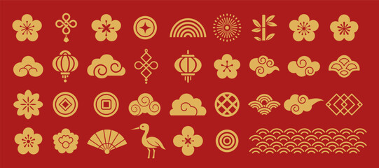 Chinese New Year Asian Traditional Golden Symbols with Lanterns Flowers Clouds Cranes and Waves on Red Background