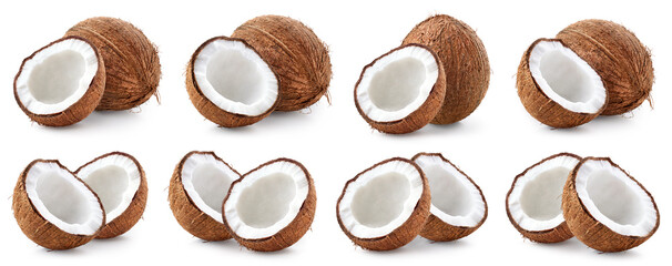 Set of fresh whole and half coconut on white background