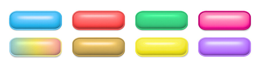 Collection of bright 3D buttons with matte finish. Colorful UI elements for websites, mobile apps and digital interfaces. Vector design.