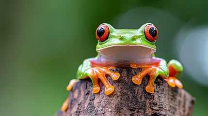 Fototapeta premium Stunning red-eyed tree frog perched atop lush ornamental banana shoots