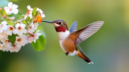 Obraz premium Beauty of a hummingbird sipping nectar from blossoms in springtime