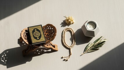 Islamic Symbols on Display: An intimate tableau featuring a holy book, prayer beads, and candle, arranged to create a sense of serenity and spiritual reflection.