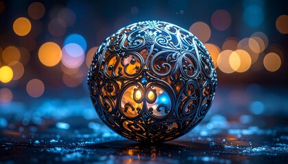 Ornate filigree sphere glows against bokeh lights, resting on a textured, icy surface