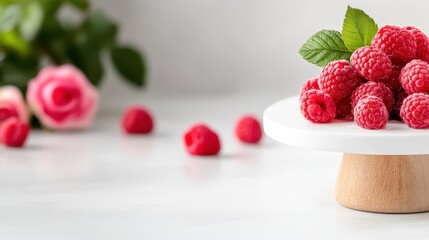 Delicious raspberries and pink roses create a charming dessert display