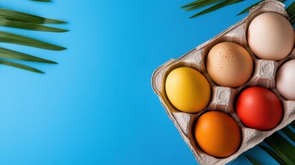 Colorful Easter eggs nestled in a cheerful carton on a vibrant background