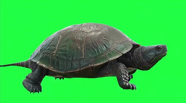 A large turtle with its shell exposed on a vibrant green background for easy editing