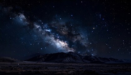 A celestial tapestry of nebulae and stars stretches above dark mountains at twilight