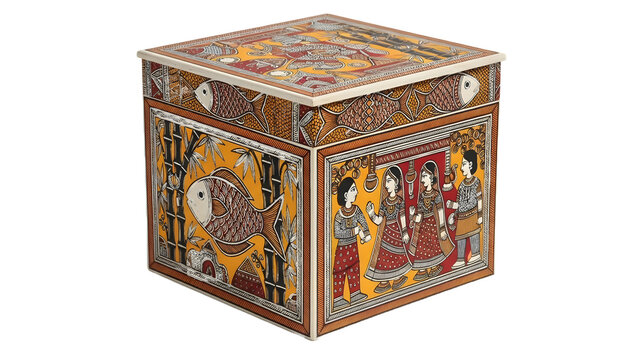 Vibrant Madhubani Hand-Painted Decorative Box with Traditional Fish and Folk Art Motifs