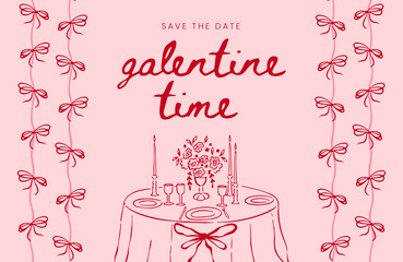 Valentine and Galentine&rsquo;s Day Hand-Drawn Doodle Background with Romantic Love Icons, Food, Drinks and &lsquo;Galentine Time&rsquo; Typography in Red and Pink Vector Style