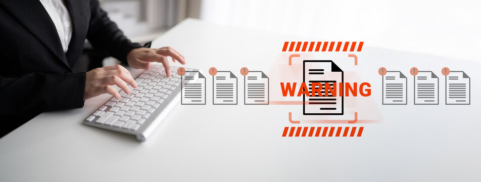 A professional person actively typing on a keyboard, surrounded by files representing a document workflow and a notification indicating a waiting status for important work. Gantry