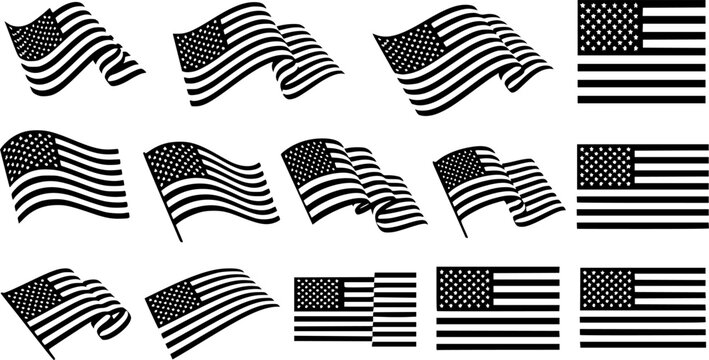 Black and white USA flag icons in various waving and static styles. Set of American national flag symbols isolated on white background for banner, header and poster design
