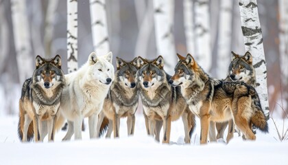 A pack of wolves stands in a snowy forest, with white birch trees in the background