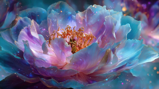 Abstract luminous flower macro with translucent petals, pastel blue and violet tones, sparkling particles and golden center, dreamy fantasy nature background. Created with Generative AI
