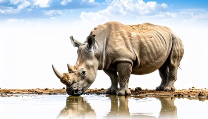 A large, grey rhinoceros drinks from a shallow pool beneath a bright, blue sky