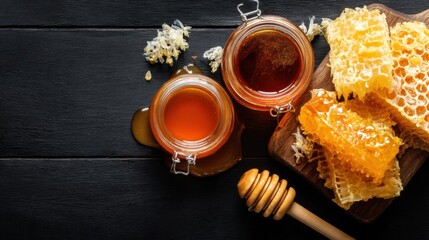 Two jars of honey sit alongside pieces of honeycomb on a wooden board. A honey dipper rests nearby. The setting is simple and showcases natural materials.