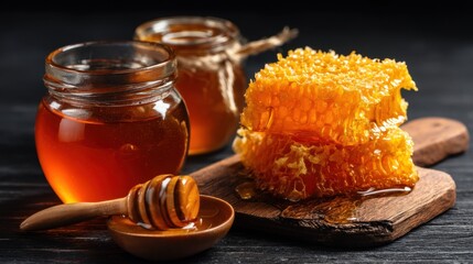 Honeycomb sits on a wooden board next to two jars of honey. A honey dipper rests beside them showing the sticky sweetness of natural honey.