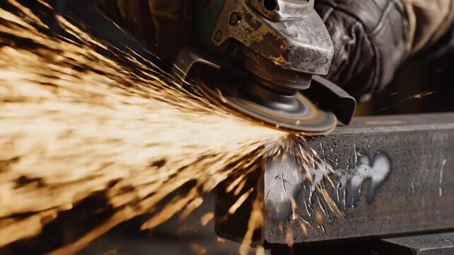 Macro View of Spark Testing with Angle Grinder on Metal Beam Industrial Setting with Intense Yellow Sparks and Dark