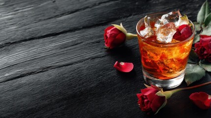 A drink with ice sits in a glass next to fresh red roses on a black wooden table. The scene captures a moment of enjoyment and beauty perfect for special occasions or relaxation.